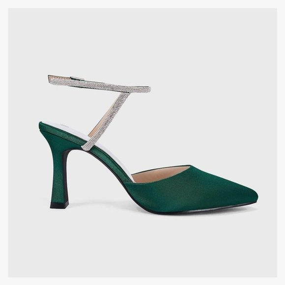 NEW Rhinestone Pointed Toe High Heels Sparkly Green Emerald Women's Satin Pumps - Picture 5 of 5